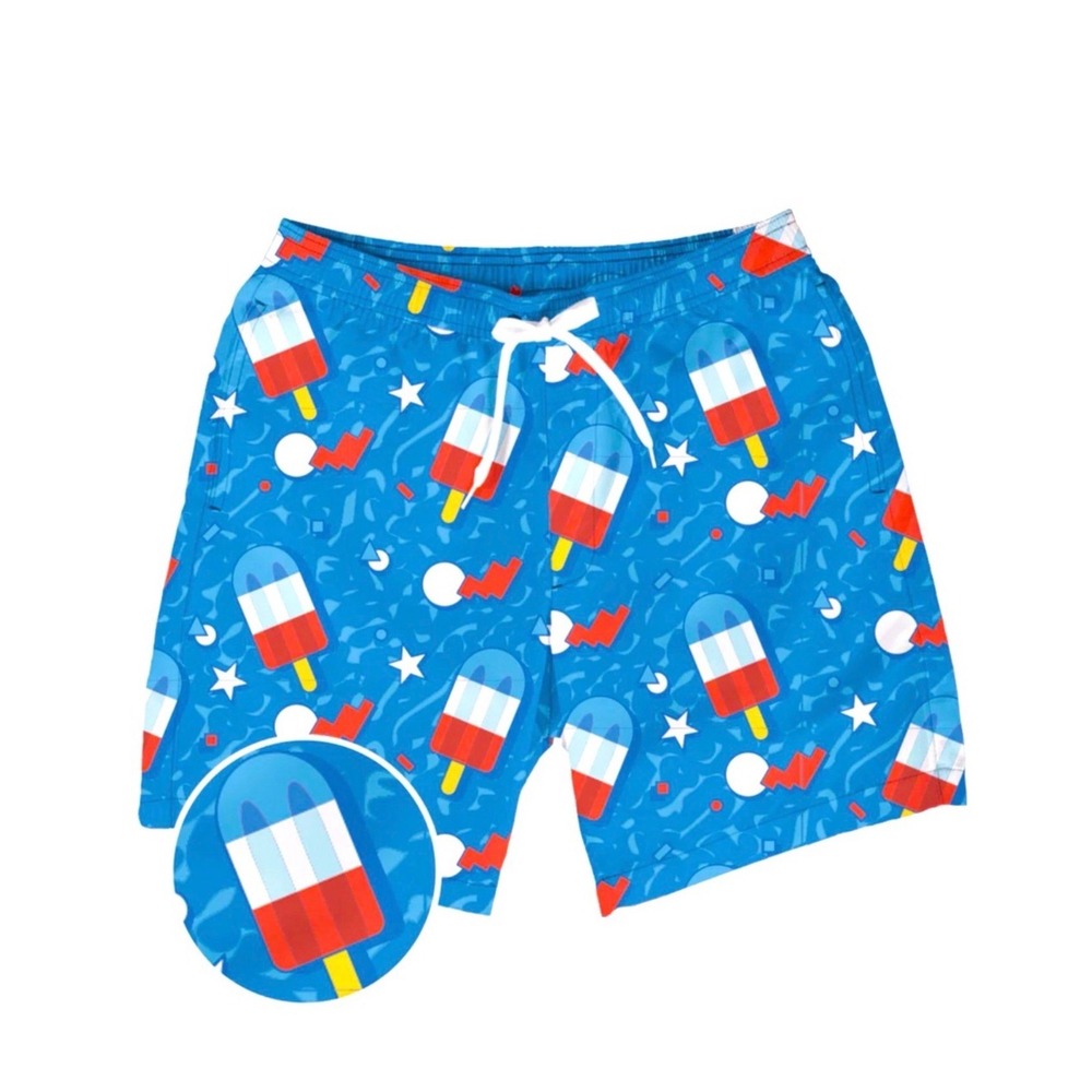 Tipsy Elves Swim Trunks Large Blue Popsicle Retro Print Patriotic Summer Shorts